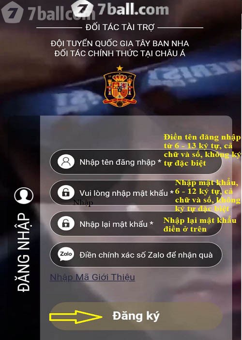 Nhập thông tin đăng ký 7ball theo yêu cầu