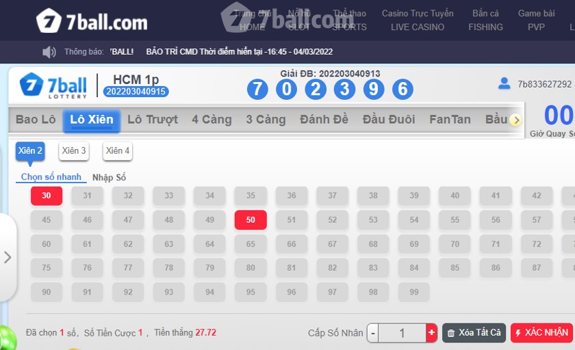 Bảng cá cược lô xiên 2 đài miền Nam tại nhà cái 7ball